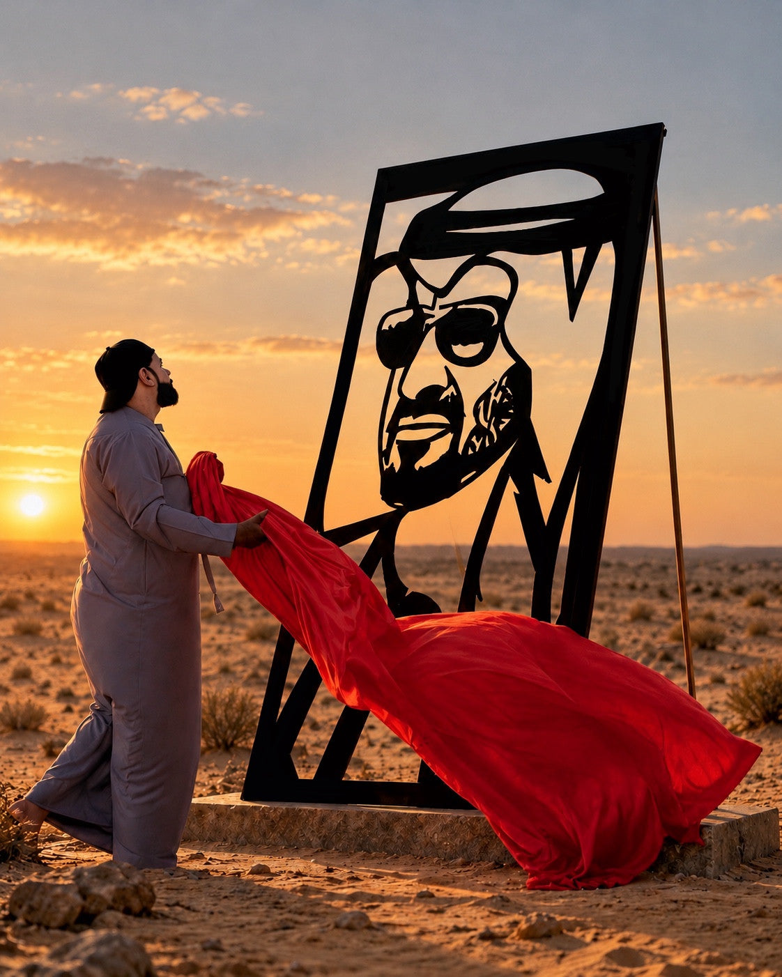 Sheikh Mohamed bin Zayed metal portrait in the desert